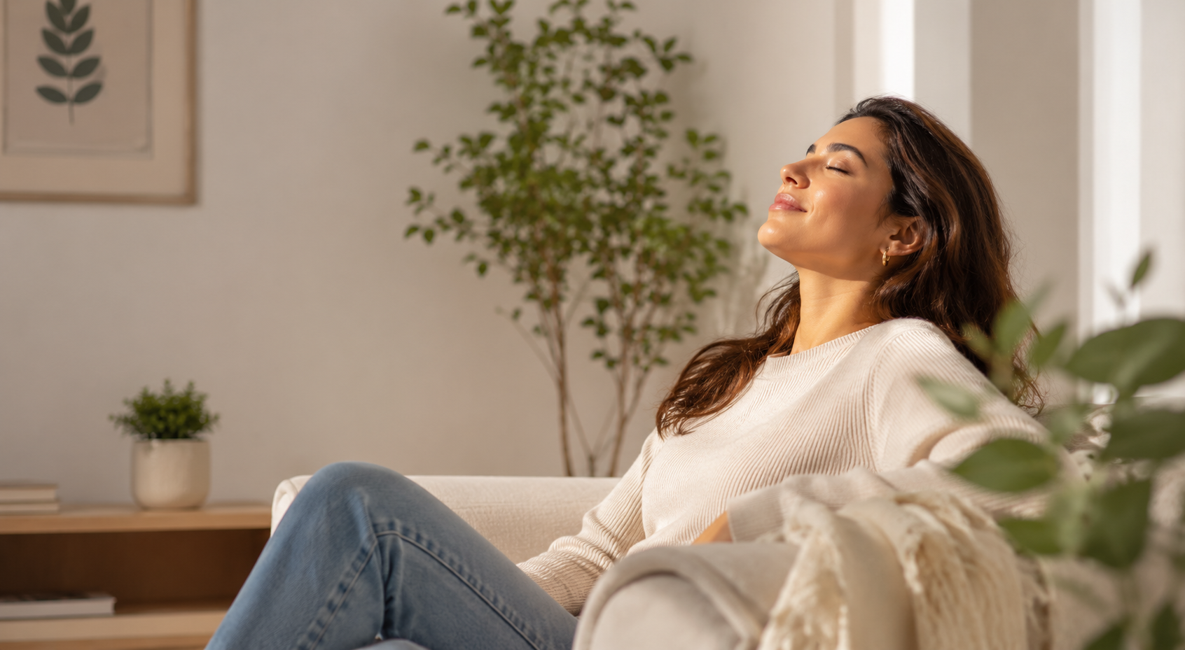 Mujer relajada disfrutando bienestar en casa